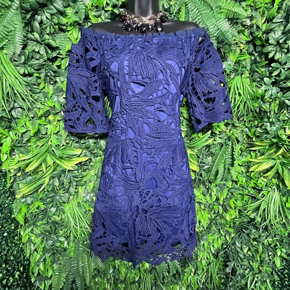 Women Dress Small Blue Boho Off Shoulder Embroidery Lace‎ Lined La Diosa 1417